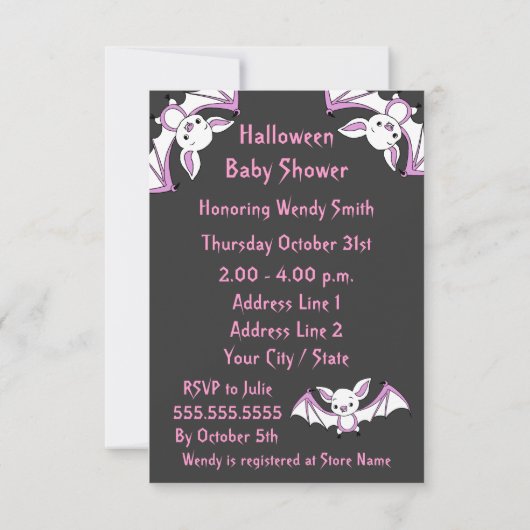 ピンクの小さいこうもりのベビーシャワーの招待状カード 招待状 (裏面)