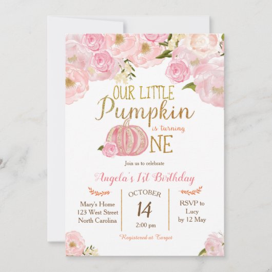 ピンクの小さいカボチャ秋の誕生日の招待状 招待状 (正面)