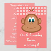 ピンクの小さい猿の子供の誕生日の招待状 招待状 (正面/裏面)