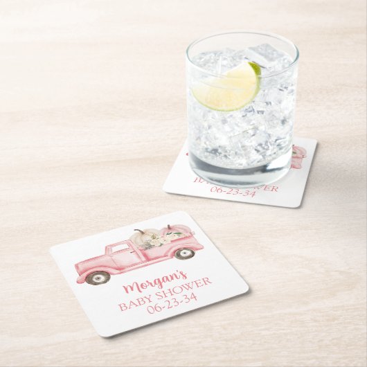 ピンクの小さなかぼちゃかわいい赤ちゃんシャワー スクエアペーパーコースター (インサイチュ)