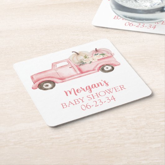ピンクの小さなかぼちゃかわいい赤ちゃんシャワー スクエアペーパーコースター (アングル)