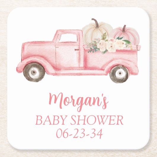 ピンクの小さなかぼちゃかわいい赤ちゃんシャワー スクエアペーパーコースター (正面)