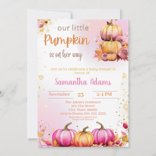 ピンクの小さなかぼちゃが赤ちゃんシャワーを浴びる途中 招待状 (正面)