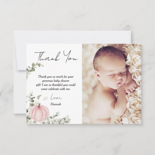 ピンクの小さなかぼちゃの赤ちゃんシャワー写真 サンキューカード (正面)