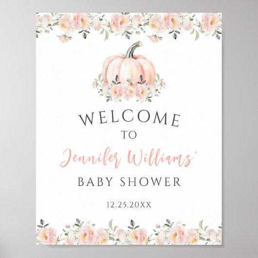 ピンクの小さなかぼちゃの赤ちゃん女の子シャワー歓迎サイン ポスター (正面)