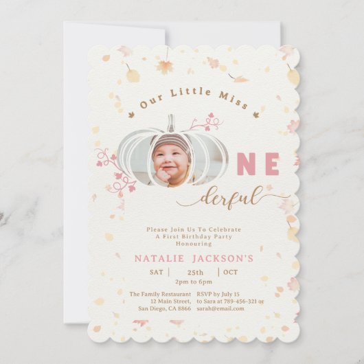 ピンクの小さなかぼちゃのonederful写真1st誕生日 招待状 (正面)