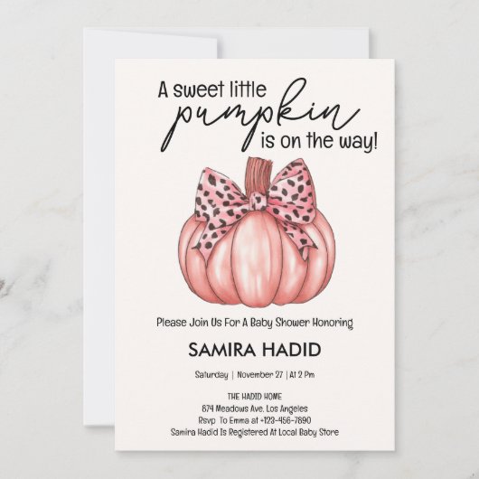 ピンクの小さなかぼちゃ女の子の秋の赤ちゃんシャワー 招待状 (正面)