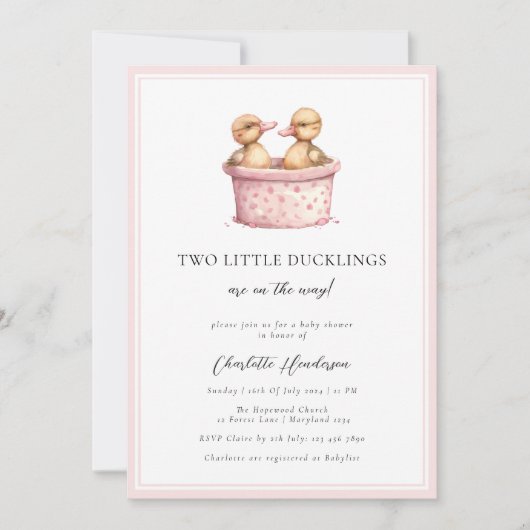 ピンクの小さなアヒルの女の子ツインベビーシャワー 招待状 (正面)