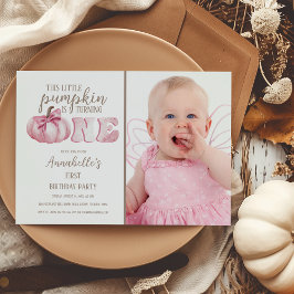 ピンクの小さなカボチャの写真 1歳の誕生日パーティー 招待状