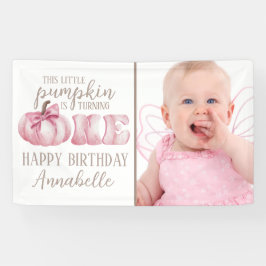 ピンクの小さなカボチャの写真 1歳の誕生日パーティー 横断幕