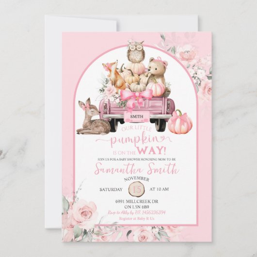 ピンクの小さなカボチャの森の動物の赤ちゃんシャワー 招待状 (正面)