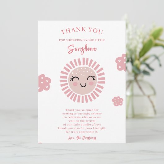 ピンクの小さなサンシャインガールベビーシャワー サンキューカード (スタンド正面)
