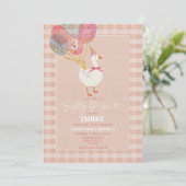 ピンクの小さなシリ―ゴースの風船 女の子の3歳の誕生日 招待状 (スタンド正面)