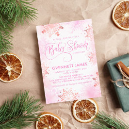 ピンクの小さなスノーフレークガールベビーシャワー 招待状