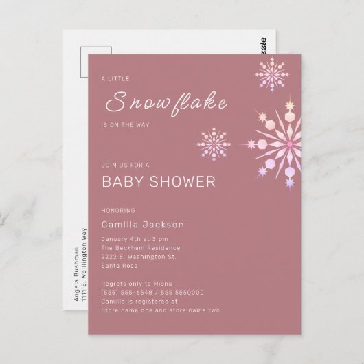 ピンクの小さなスノーフレーク冬の女の子のための赤ちゃんシャワー ポストカード (正面/裏面)