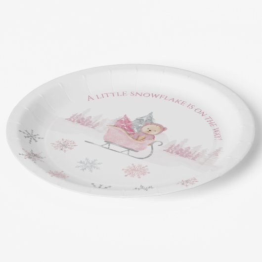 ピンクの小さなスノーフレーク赤ちゃんシャワー ペーパープレート (アングル)