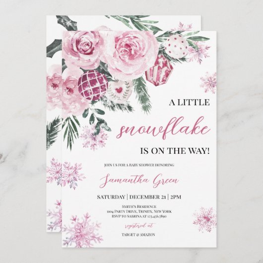 ピンクの小さなスノーフレーク赤ちゃんシャワー 招待状 (正面/裏面)