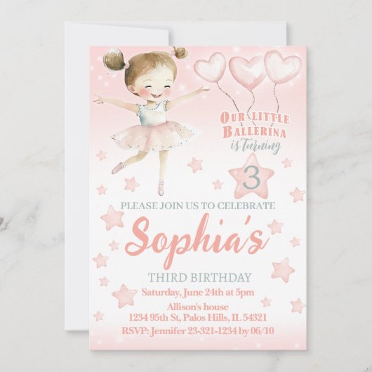 ピンクの小さなバレリーナ輝かしい誕生日の招待 招待状 (正面)