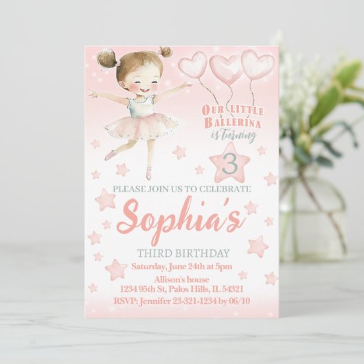 ピンクの小さなバレリーナ輝かしい誕生日の招待 招待状 (スタンド正面)