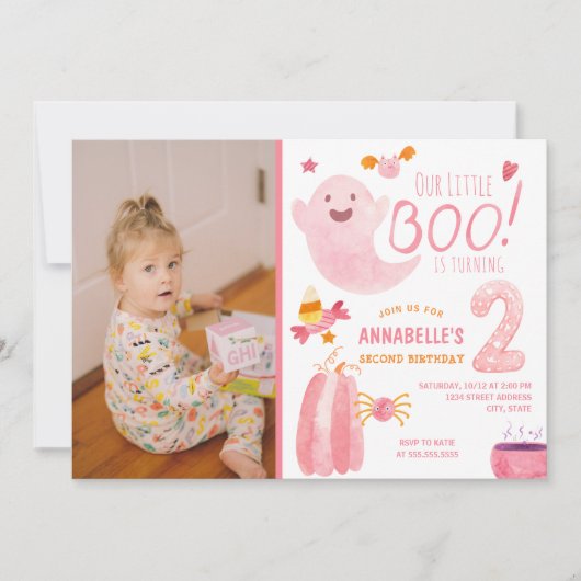 ピンクの小さなブー2枚の写真を撮る2回目の誕生日 招待状 (正面)