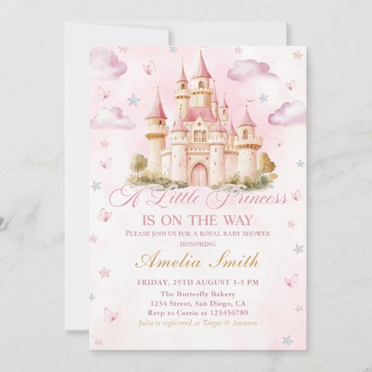 ピンクの小さなプリンセス王室の城の赤ちゃんシャワー 招待状 (正面)