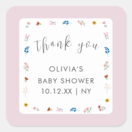 ピンクの小さなワイルドフラワー赤ちゃんシャワーありがとう スクエアシール