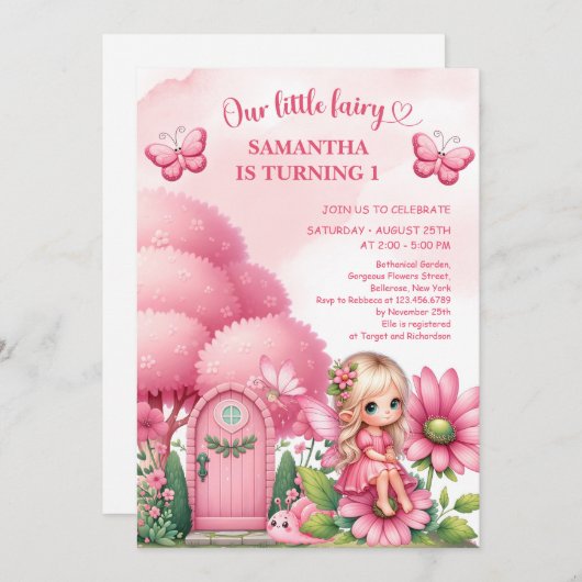 ピンクの小さな妖精の花の女の子の誕生日に座って 招待状 (正面/裏面)