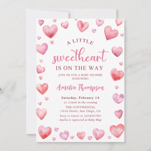 ピンクの小さな恋人のバレンタインベビーシャワー 招待状 (正面)