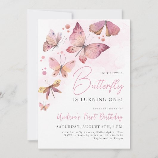 ピンクの小さな蝶が1歳の誕生日を迎える 招待状 (正面)