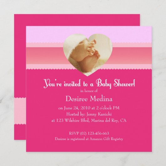 ピンクの小さな足が女の子のためのベビーシャワー 招待状 (正面/裏面)