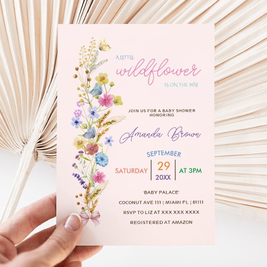 ピンクの小さな野生の花の赤ちゃん女の子シャワー 招待状