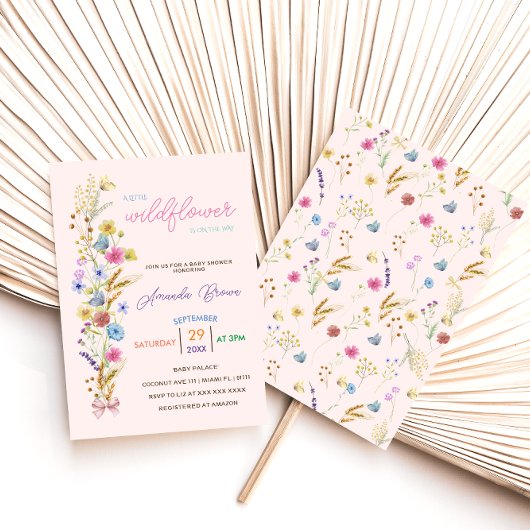 ピンクの小さな野生の花の赤ちゃん女の子シャワー 招待状