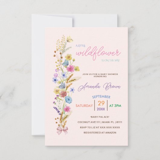 ピンクの小さな野生の花の赤ちゃん女の子シャワー 招待状 (正面)
