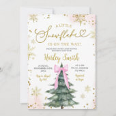ピンクの小さな雪の結晶ツリーピンクボウ赤ちゃんシャワー 招待状 (正面)