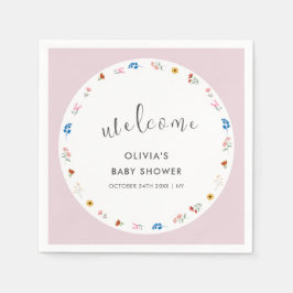 ピンクの小モダンさなワイルドフラワーの赤ちゃんシャワーへようこそ スタンダードカクテルナプキン