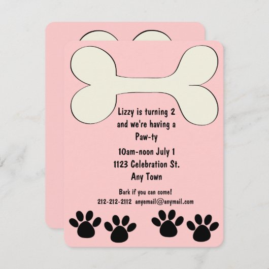 ピンクの小犬のテーマの誕生日の招待状 招待状 (正面/裏面)