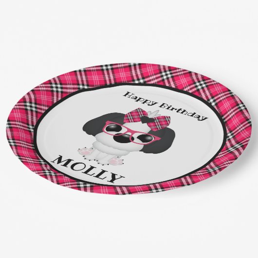 ピンクの小犬のパーソナライズな誕生会のナプキン ペーパープレート (アングル)