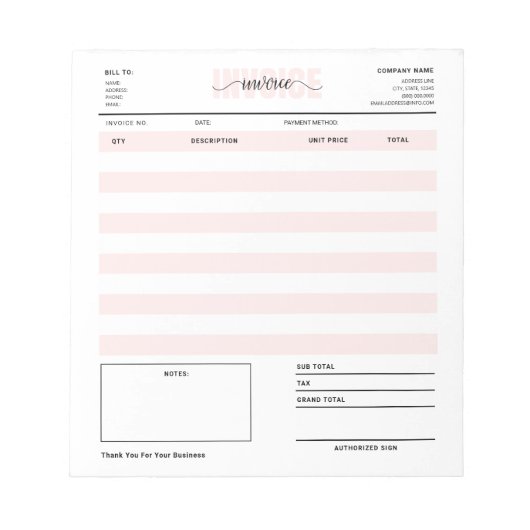 ピンクの小規模企業の請求書の受注販売受領書 ノートパッド (正面)