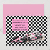 ピンクの少女レーシングカーバースデーデジタルダウンロード 招待状 (正面/裏面)