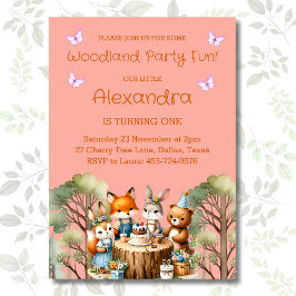 ピンクの少女 バタフライ ウッドランド 動物 1歳の誕生日 招待状
