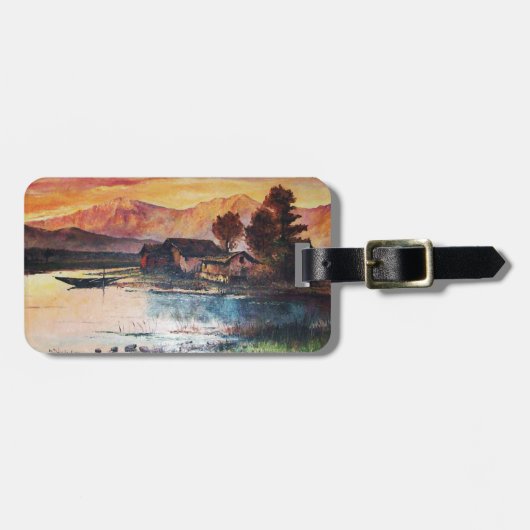 ピンクの山々 湖 アルプスの夕焼け 風景 ラゲッジタグ (正面横)