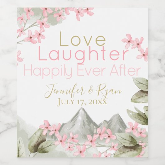 ピンクの山の花フローラの水色 ワインラベル (シングルラベル)