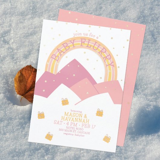 ピンクの山の雪の吹雪ベビーシャワー招待状 招待状