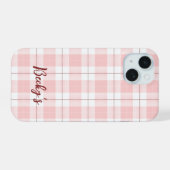 ピンクの市松模様と名前 iPhone 15ケース (裏面横)