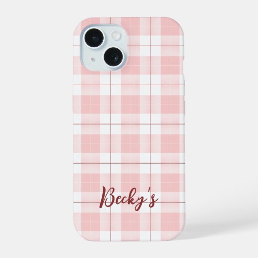 ピンクの市松模様と名前 iPhone 15ケース (裏面)