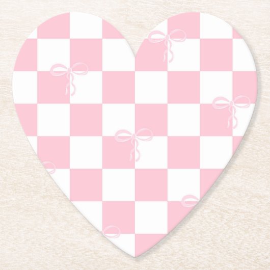 ピンクの市松模様に弓心の形 ペーパーコースター (正面)
