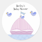 ピンクの帆船パーソナライズされた赤ちゃんシャワー ラウンドシール (正面)