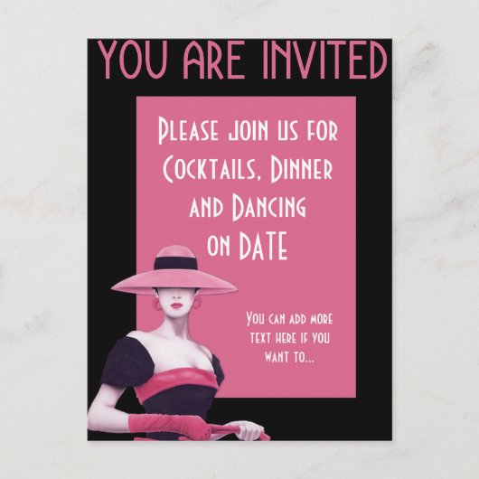 ピンクの帽子と手袋の上品な女性の招待状 インビテーションポストカード (正面)