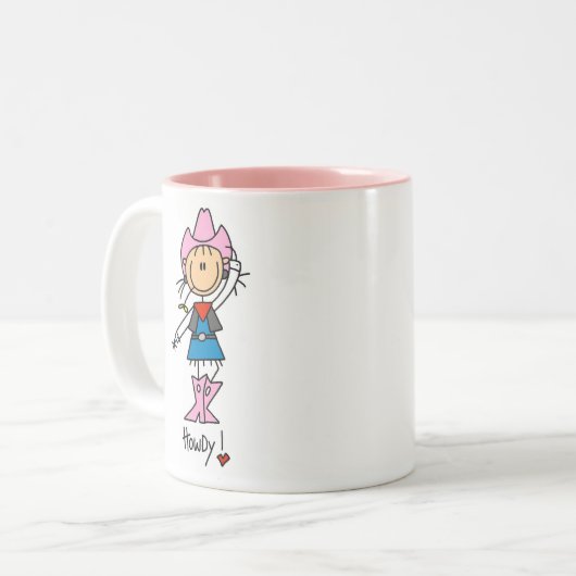 ピンクの帽子またはブーツのマグの棒の姿の女性のカーボーイ ツートーンマグカップ (正面左)
