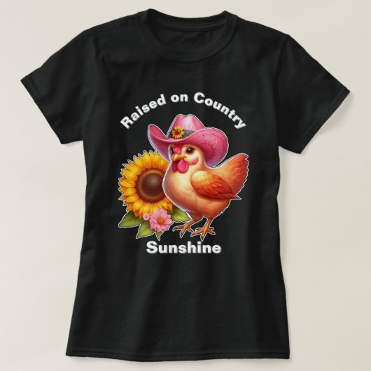 ピンクの帽子をかぶったかわいいめんどりと輝くひまわり Tシャツ (デザイン正面)